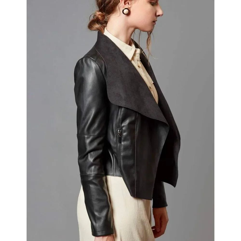 Escalier Black faux leather drape open front jacket womens 1X